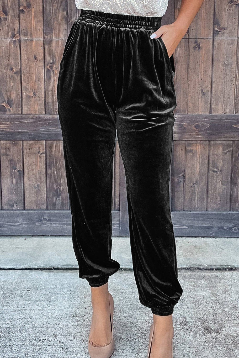 Black Solid Velvet Jogger Pants - Essential Retail Store