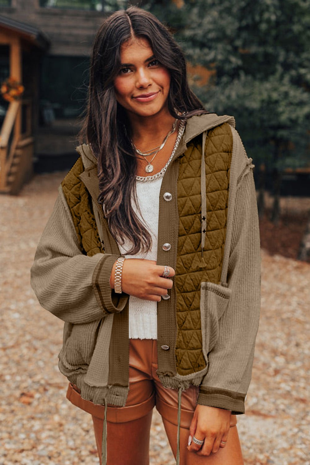 Jungle Green Quilted Textured Patchwork Loose Fit Hooded Jacket - Essential Retail Store