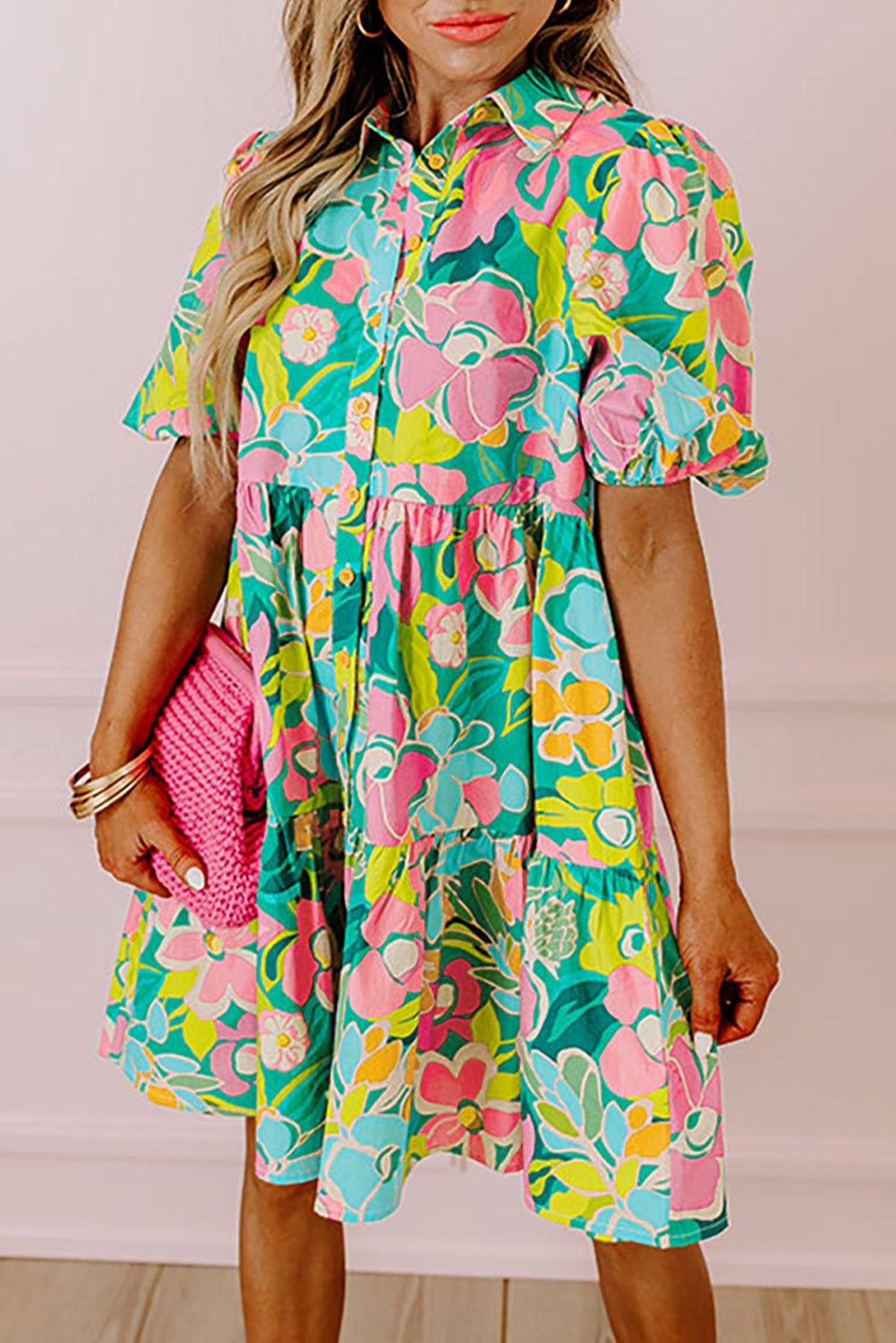 Green Floral Puff Sleeve Collar Buttoned Babydoll Dress - Essential Retail Store