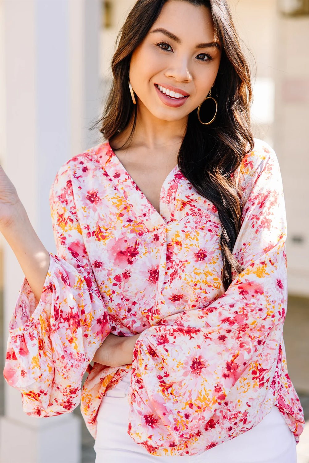 Pink Ditsy Floral Bubble Sleeve V Neck Blouse - Essential Retail Store
