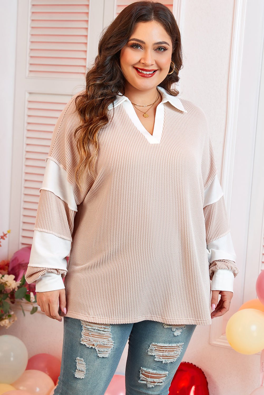 Parchment Corded Colorblock Long Sleeve Slit V Neck Plus Top - Essential Retail Store