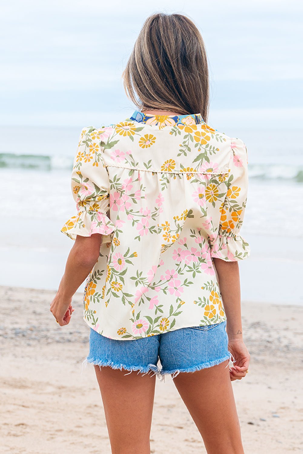 Multicolour Crochet V Neck Half Sleeve Boho Floral Blouse - Essential Retail Store