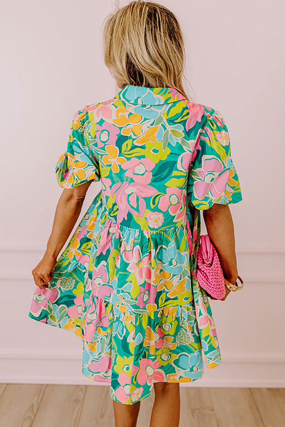 Green Floral Puff Sleeve Collar Buttoned Babydoll Dress - Essential Retail Store