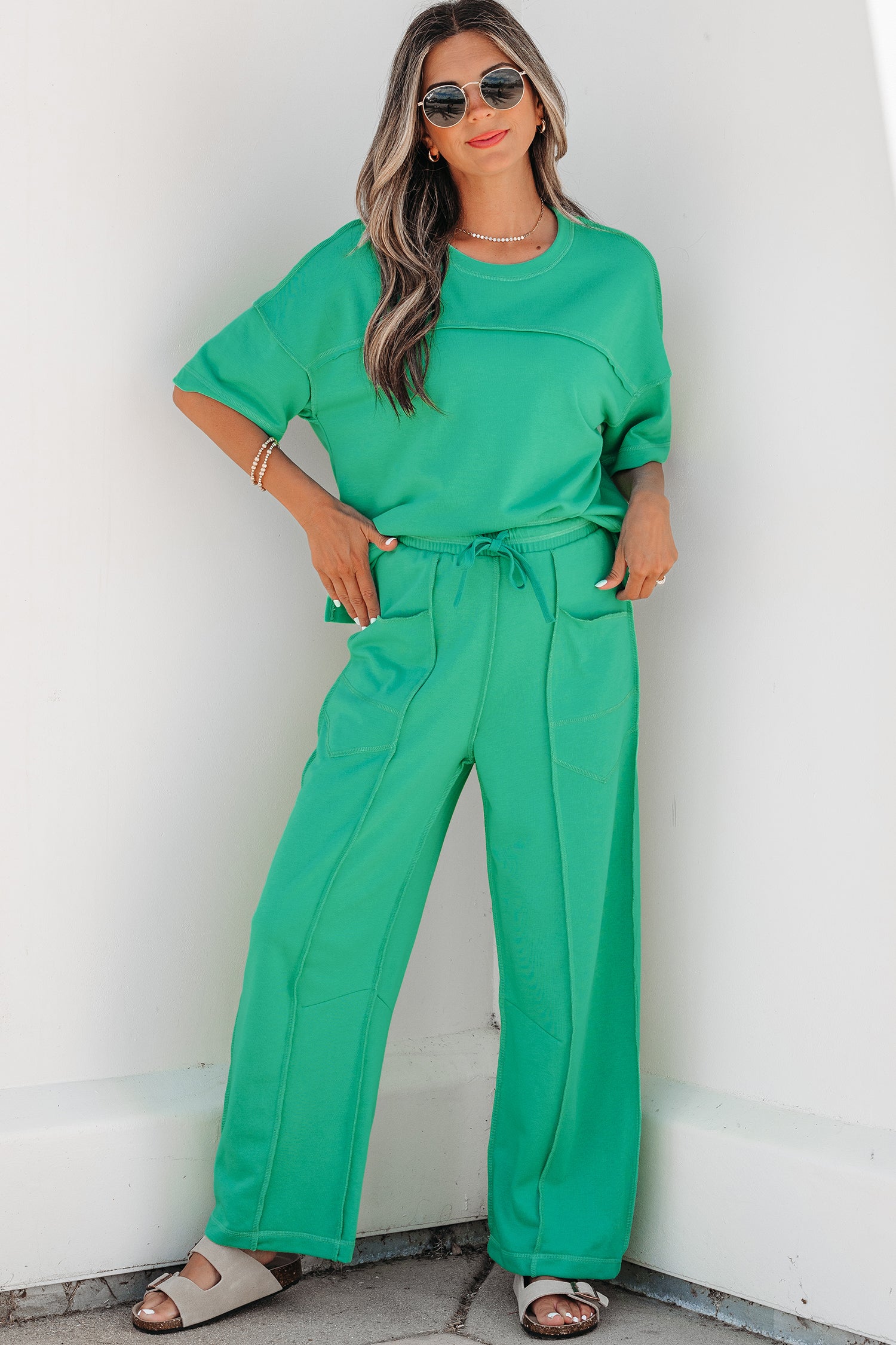 Rose Red Drop Shoulder Boxy Tee and Barrel Pants Set - Essential Retail Store