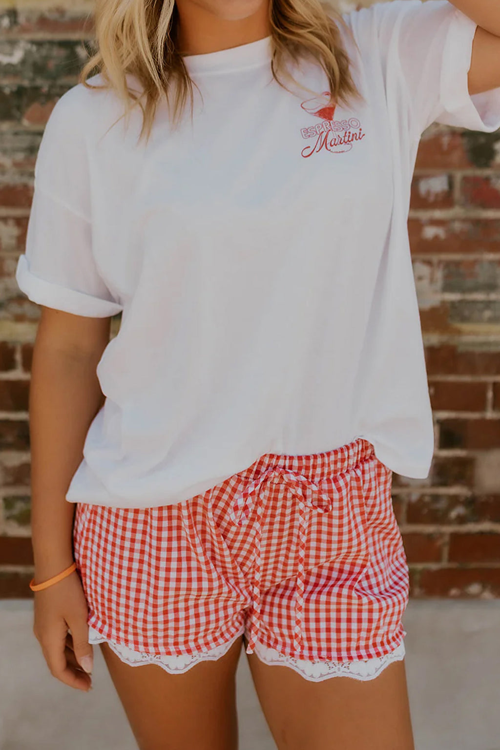 Red Gingham Plaid Tie Elastic Waist Lace Patchwork Hem Casual Shorts - Essential Retail Store