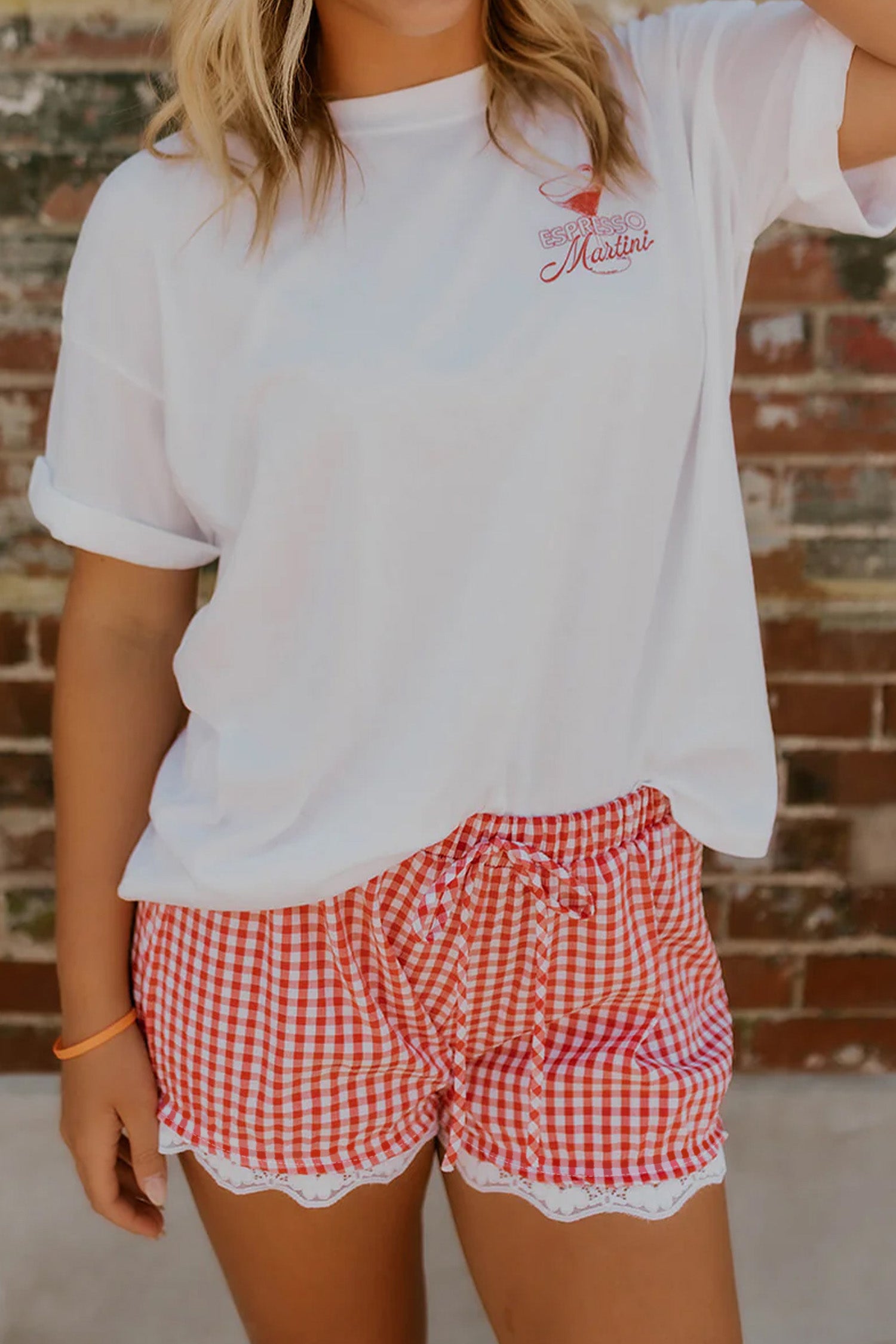 Red Gingham Plaid Tie Elastic Waist Lace Patchwork Hem Casual Shorts - Essential Retail Store