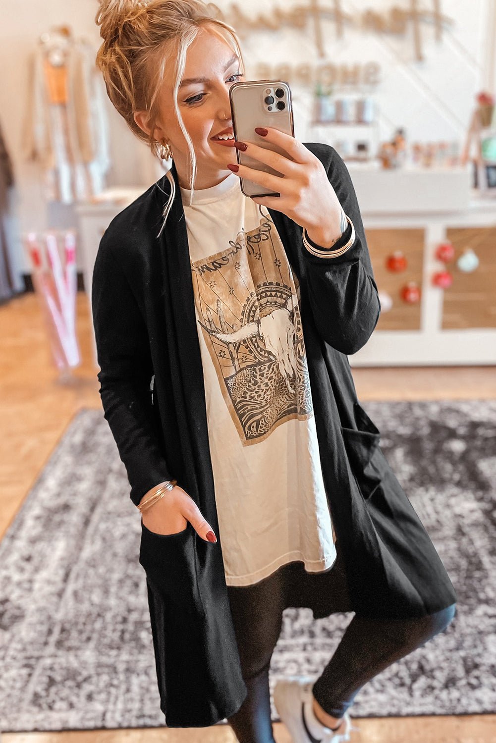 Black Solid Color Open Front Cardigan with Pocket - Essential Retail Store