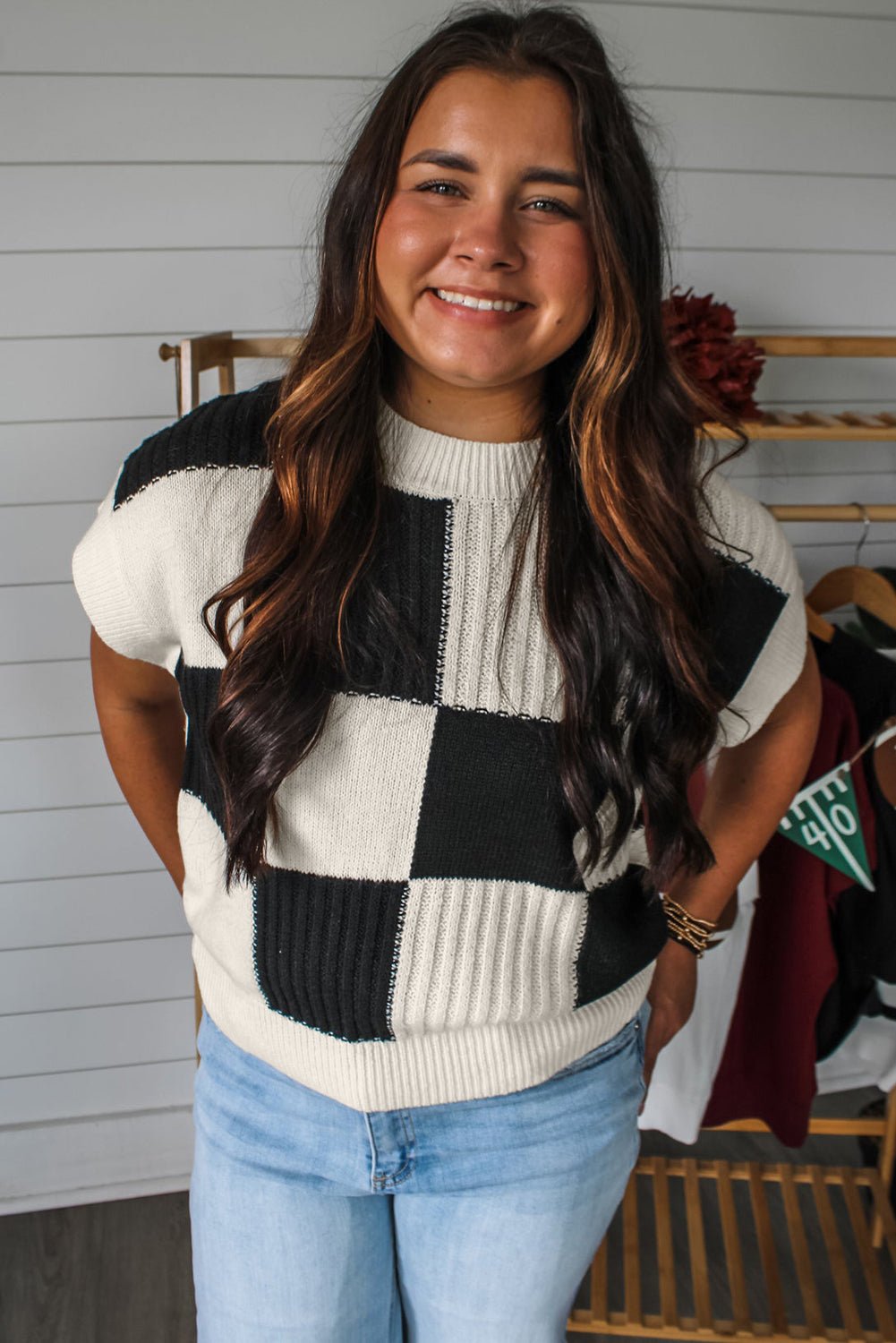 Light Blue Checkered Color Block Crew Neck Short Sleeve Sweater - Essential Retail Store