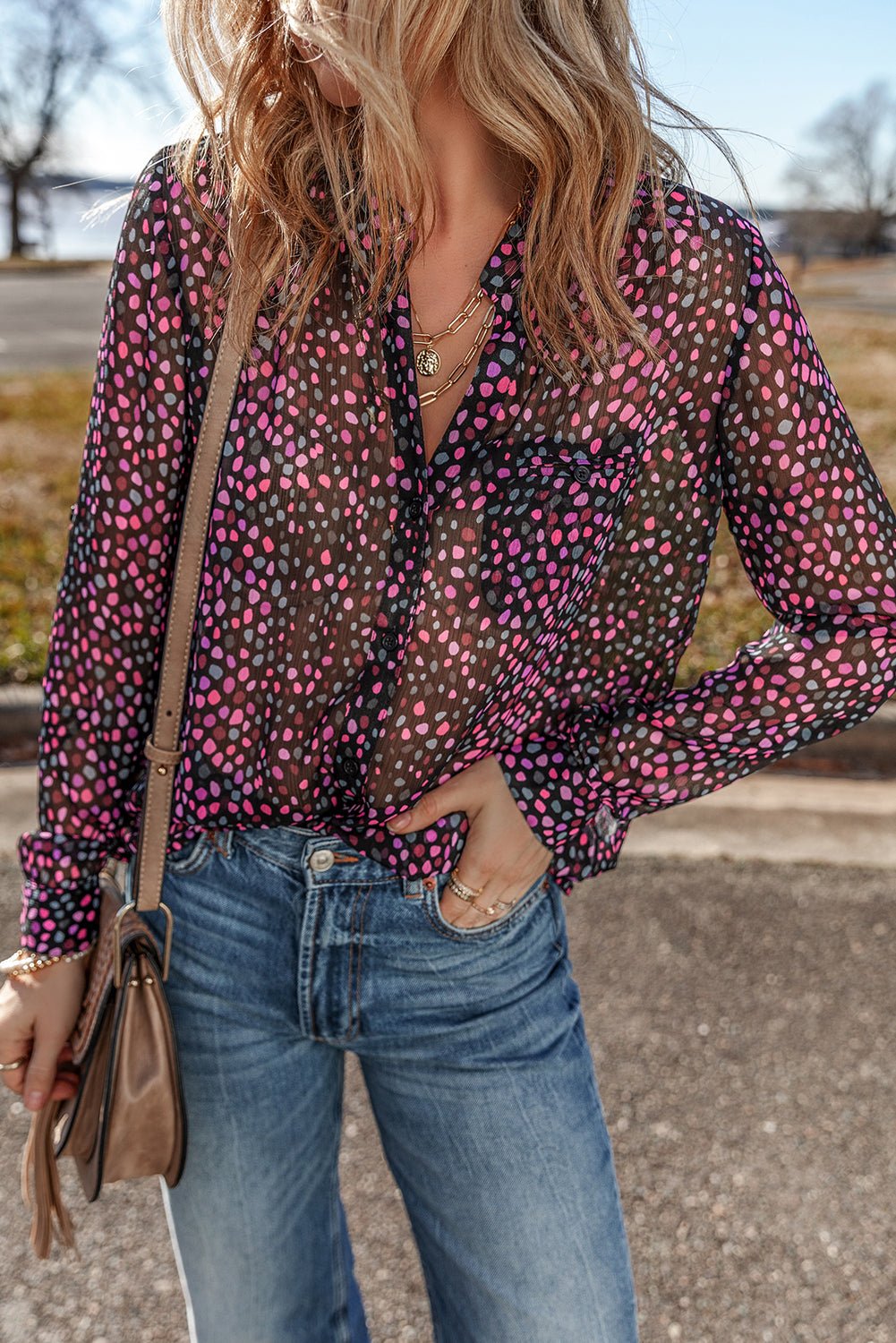 Grape Wine Polka Dot Printed Buttoned Casual Shirt - Essential Retail Store
