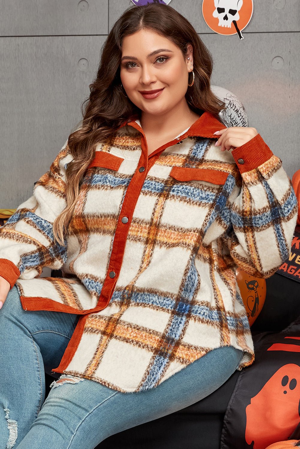 Brown Stripe Plus Size Plaid Print Collared Buttoned Jacket - Essential Retail Store