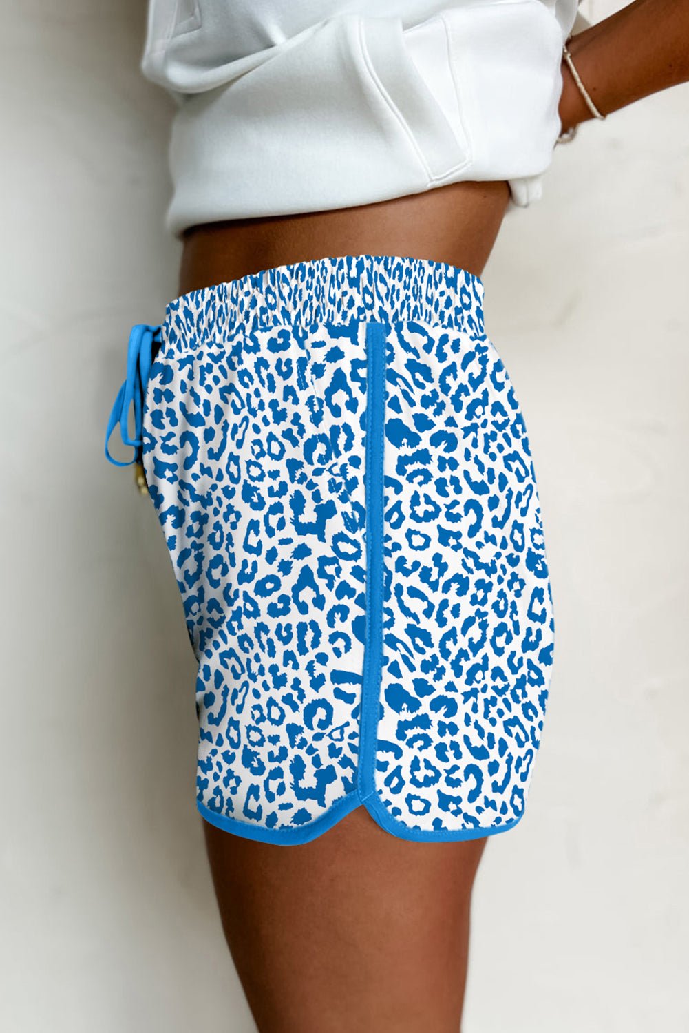 Pink Leopard Elastic Waistband Lace up Contrast Trim Casual Shorts - Essential Retail Store