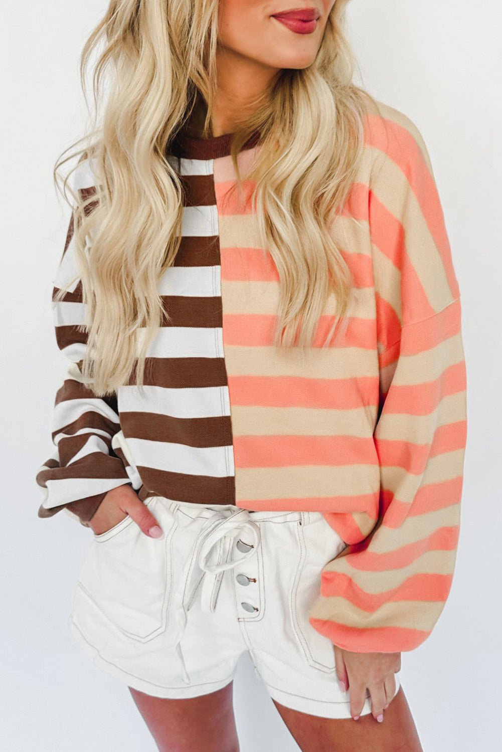 Brown Stripe Color Block Drop Shoulder Pullover Sweatshirt - Essential Retail Store