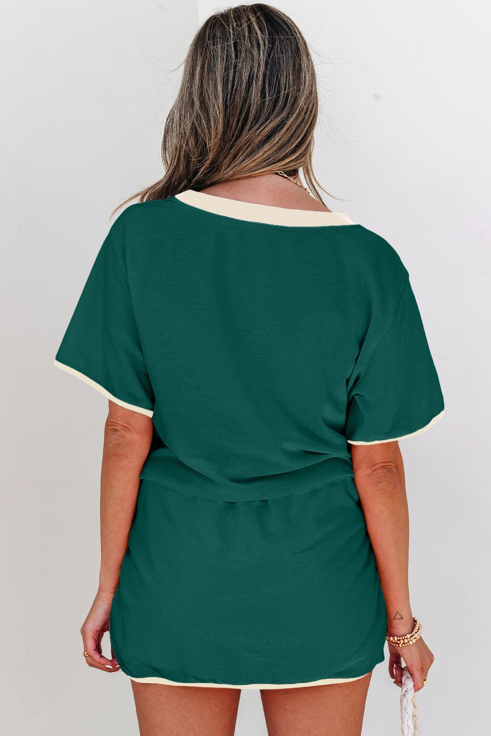 Turquoise Colorblock Edge Drop Shoulder T Shirt and Skort 2Pcs Set - Essential Retail Store