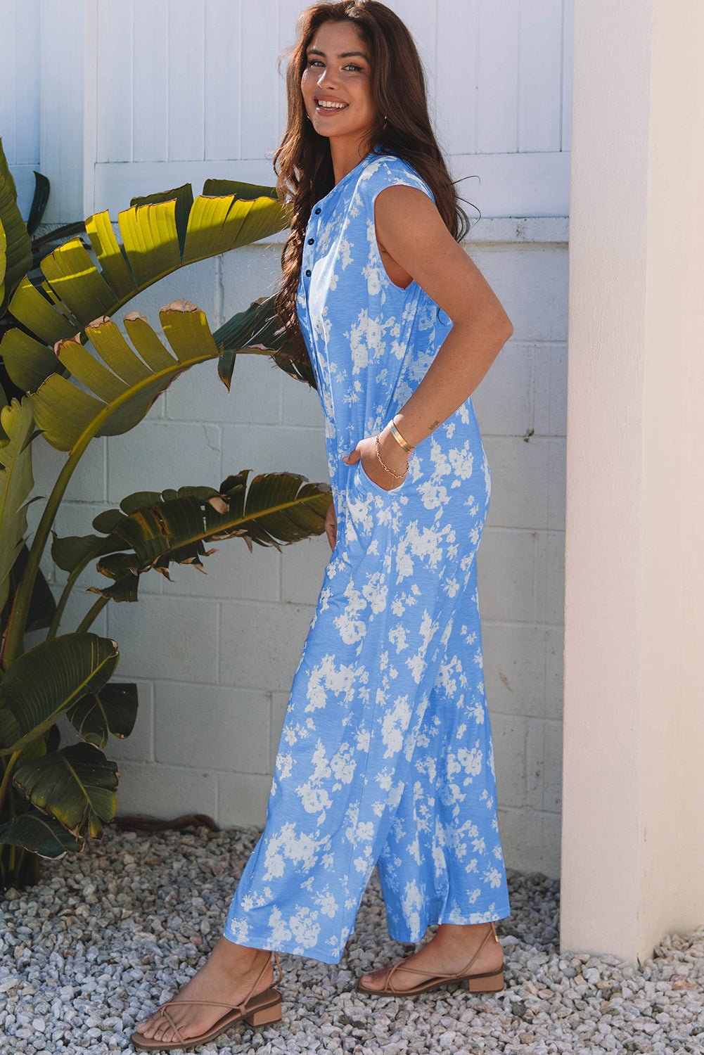 Myosotis Floral Print Half Button Wide Leg Relaxed Sleeveless Jumpsuit - Essential Retail Store