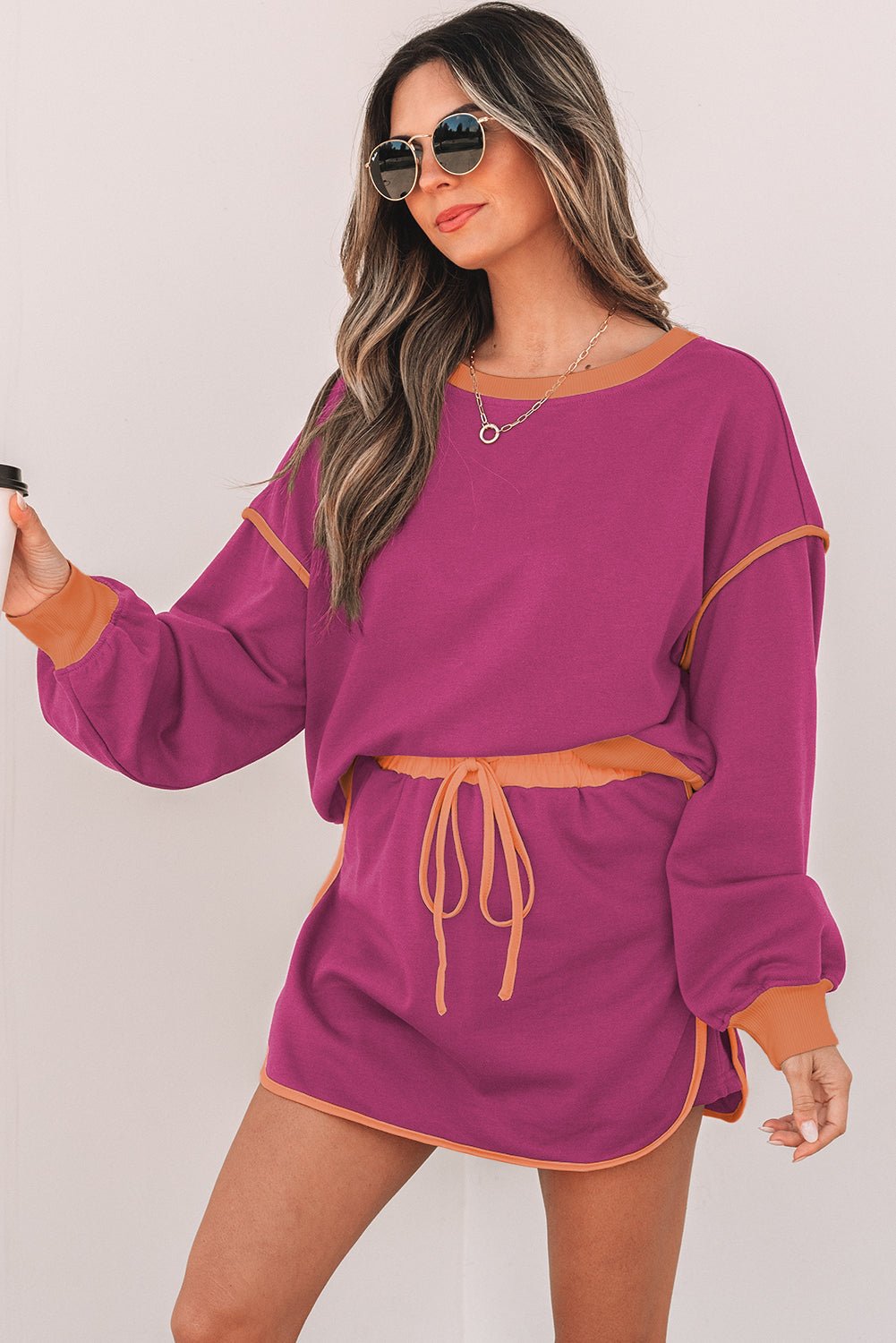 Evergreen Color Contrast Loose Pullover and Lace - up Waist Skort Set - Essential Retail Store