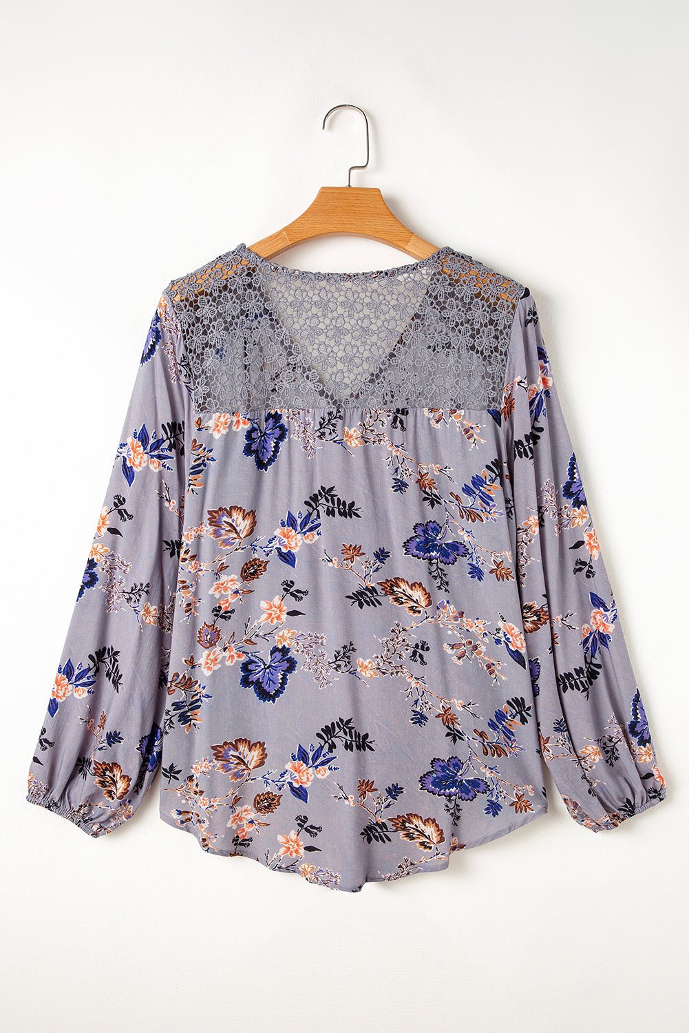 Sky Blue Floral Print Lace Patchwork Knot Front V Neck Blouse - Essential Retail Store