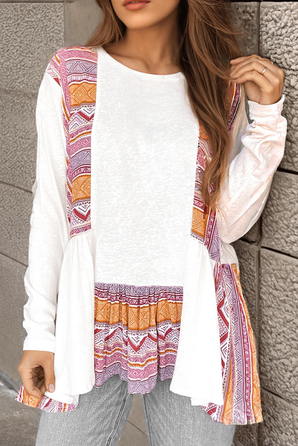 White Western Aztec Print Patchwork Ruffled Tunic Long Sleeve Babydoll Top - Essential Retail Store