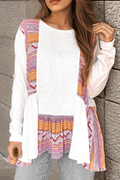 White Western Aztec Print Patchwork Ruffled Tunic Long Sleeve Babydoll Top - Essential Retail Store