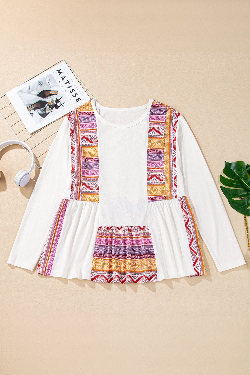 White Western Aztec Print Patchwork Ruffled Tunic Long Sleeve Babydoll Top - Essential Retail Store