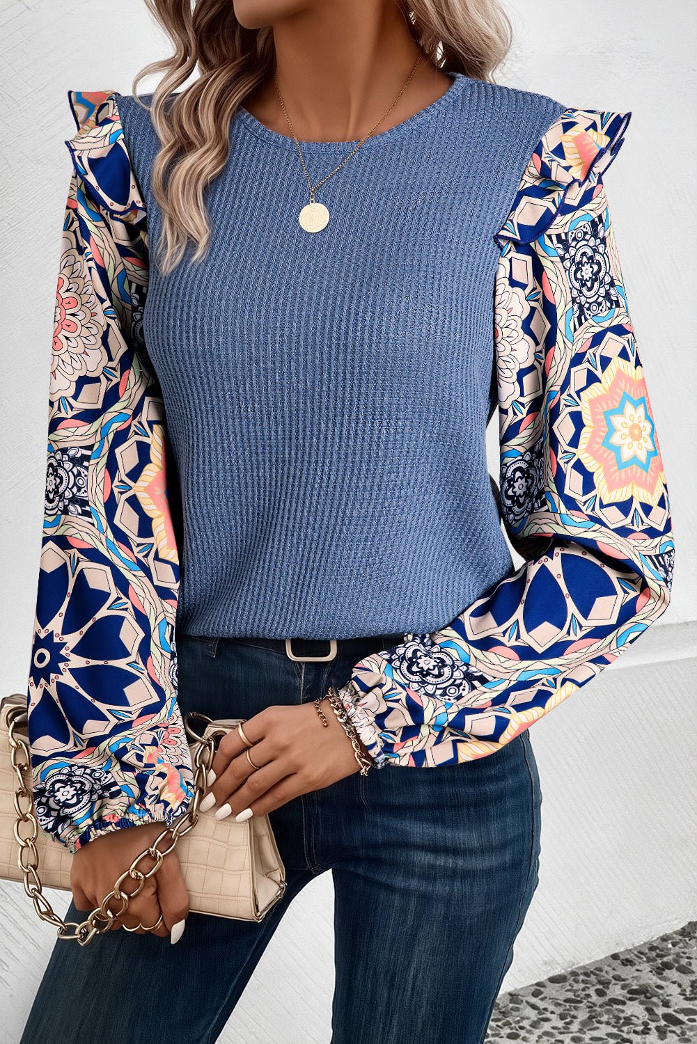 Ashleigh Blue Ruffled Floral Sleeve Patchwork Waffle Knit O Neck Blouse - Essential Retail Store