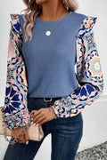Ashleigh Blue Ruffled Floral Sleeve Patchwork Waffle Knit O Neck Blouse - Essential Retail Store