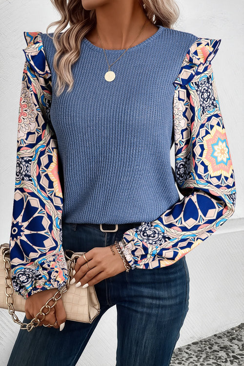 Ashleigh Blue Ruffled Floral Sleeve Patchwork Waffle Knit O Neck Blouse - Essential Retail Store