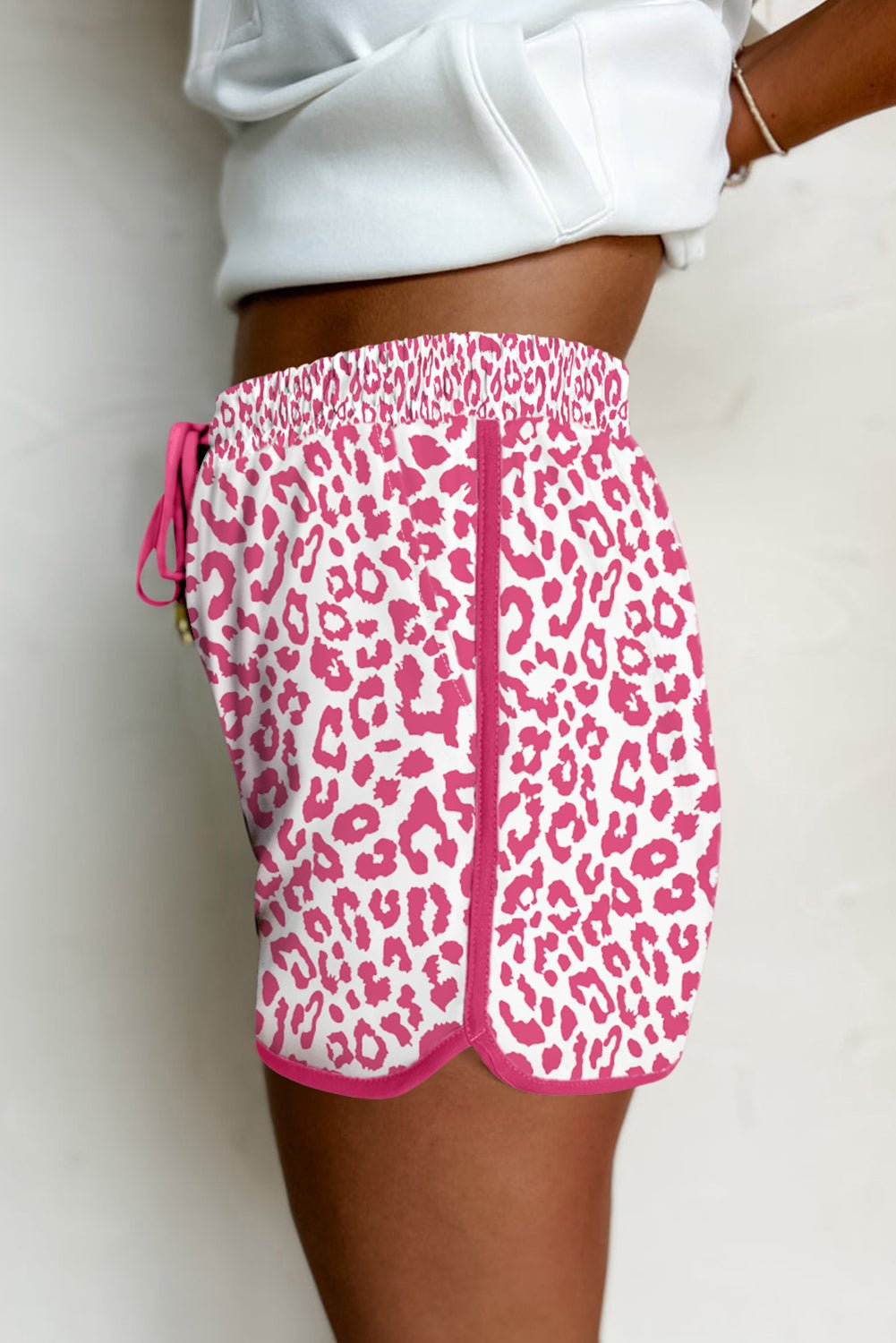 Pink Leopard Elastic Waistband Lace up Contrast Trim Casual Shorts - Essential Retail Store