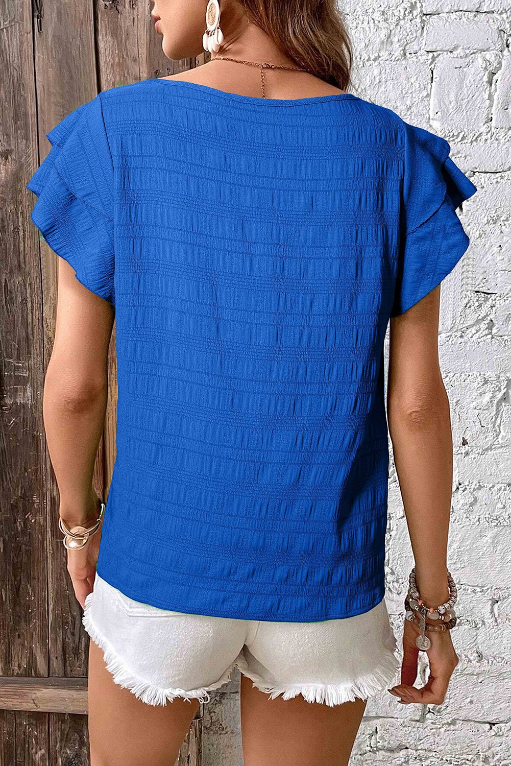 Dark Green Textured Ruffled Sleeve Round Neck Top - Essential Retail Store