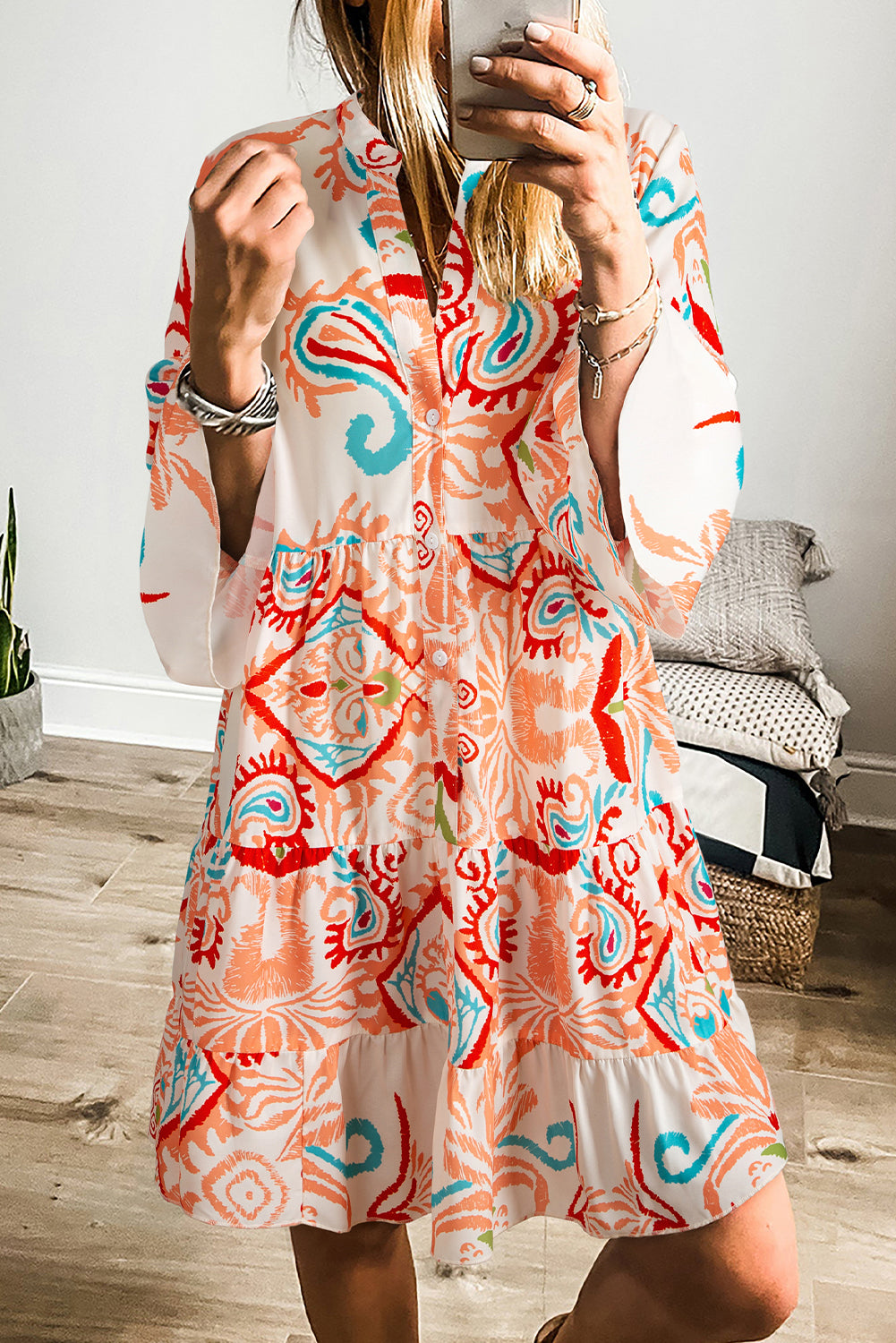Sky Blue Tribal Bracelet Sleeve Buttoned Mini Dress