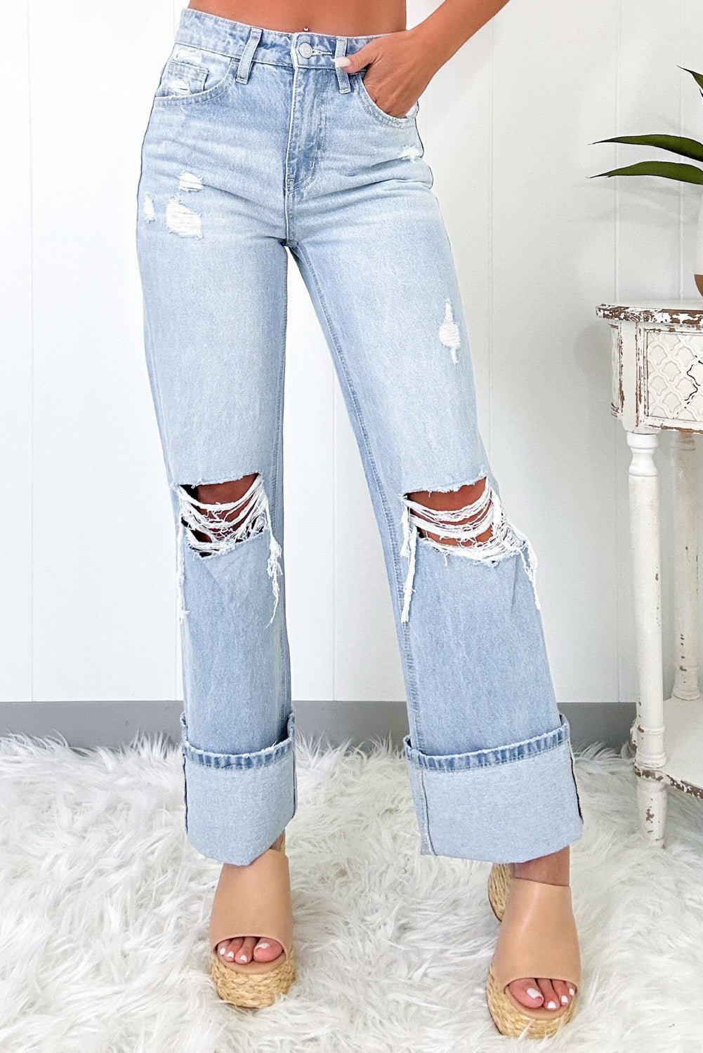 Beau Blue Light Wash Distressed Straight Jeans - Essential Retail Store