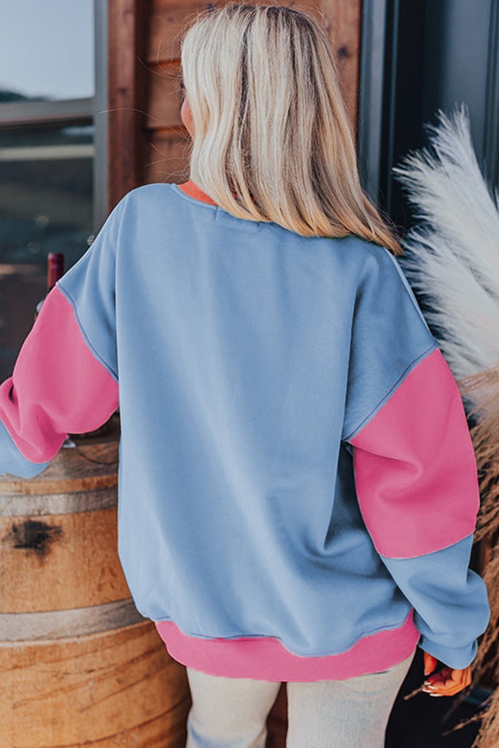 Meadow Mauve Colorblock Patchwork Drop Shoulder Sweatshirt - Essential Retail Store