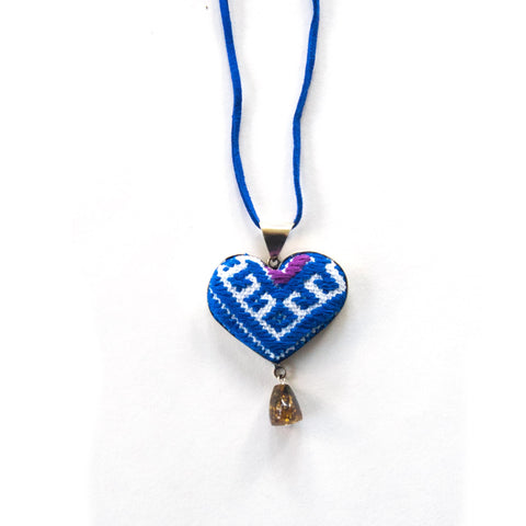 San Andres Blue Heart Textile Necklace with Amber Stone