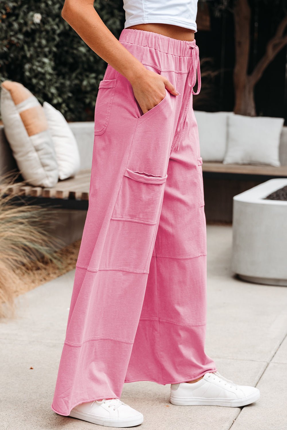 Bonbon Mineral Wash Exposed Seam Drawstring Elastic Waistband Wide Leg Cargo Pants - Essential Retail Store