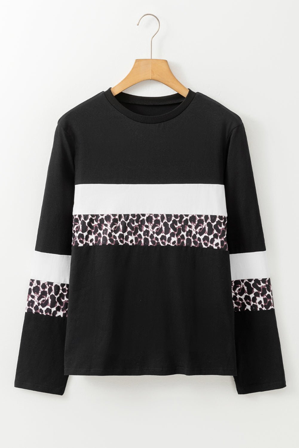 White Leopard Colorblock Patchwork Crew Neck Long Sleeve Tee - Essential Retail Store