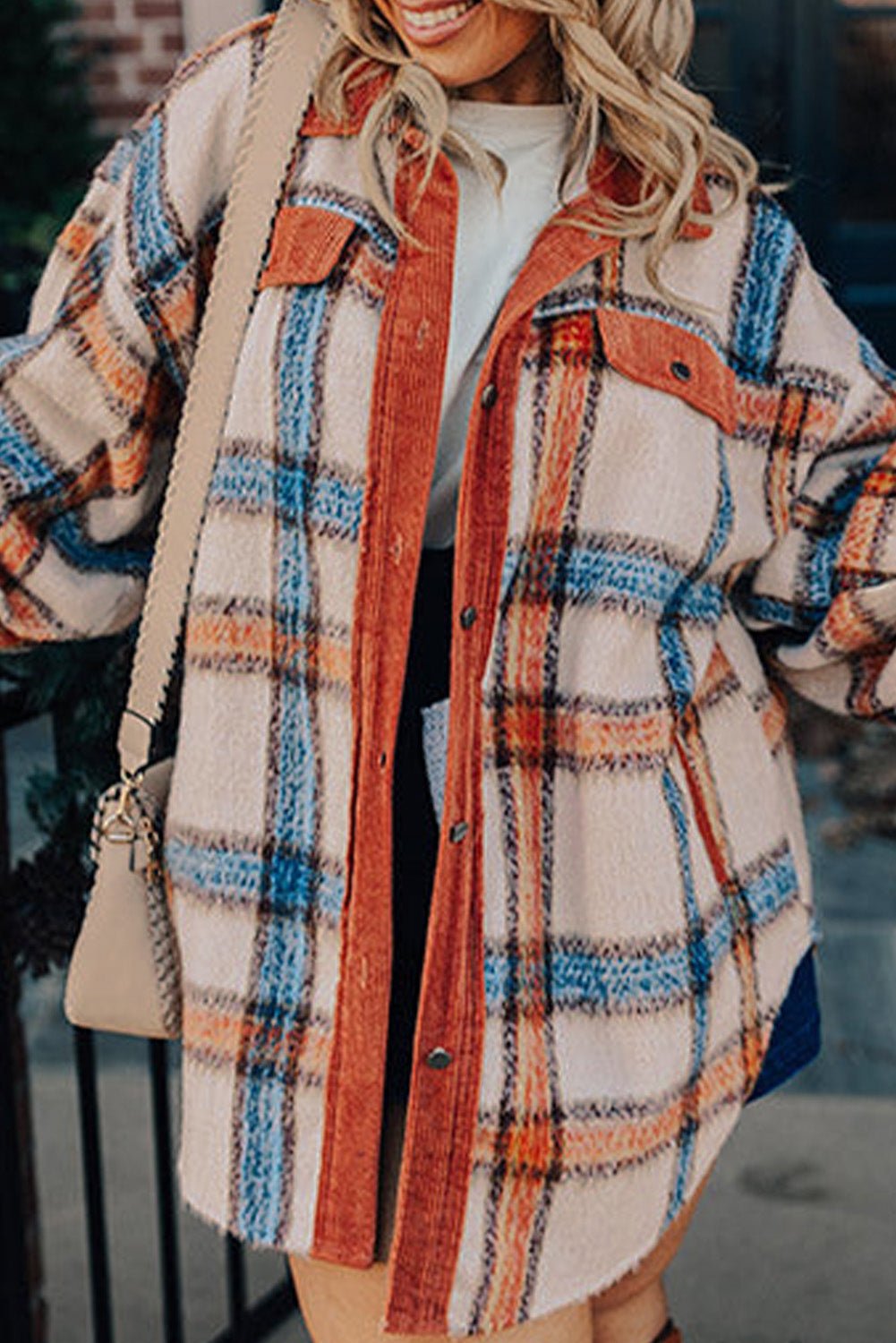 Brown Stripe Plus Size Plaid Print Collared Buttoned Jacket - Essential Retail Store
