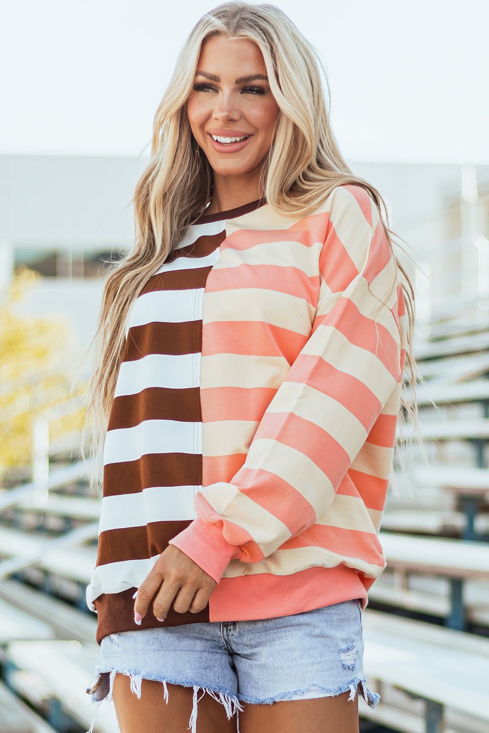 Brown Stripe Color Block Drop Shoulder Pullover Sweatshirt - Essential Retail Store