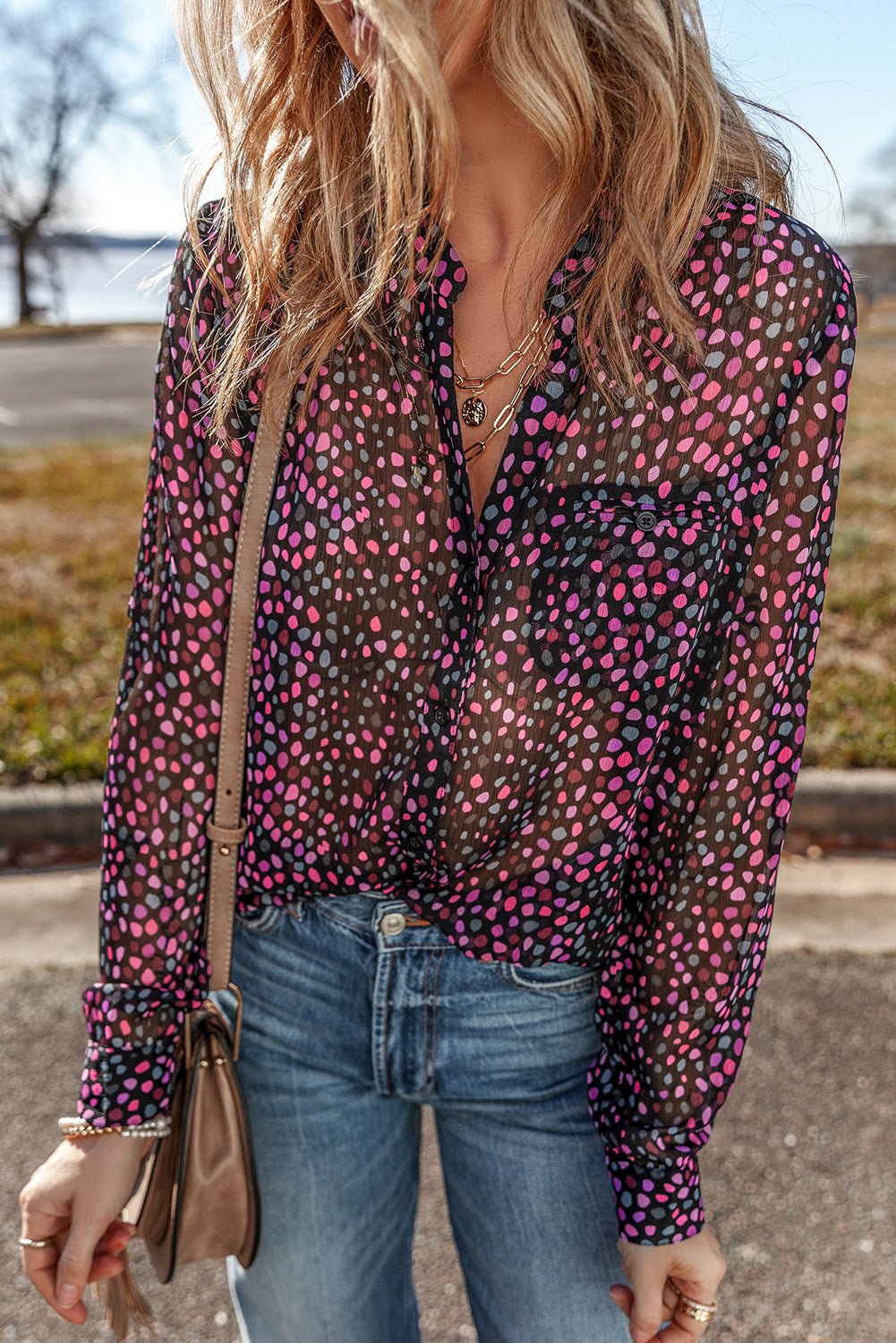 Grape Wine Polka Dot Printed Buttoned Casual Shirt - Essential Retail Store