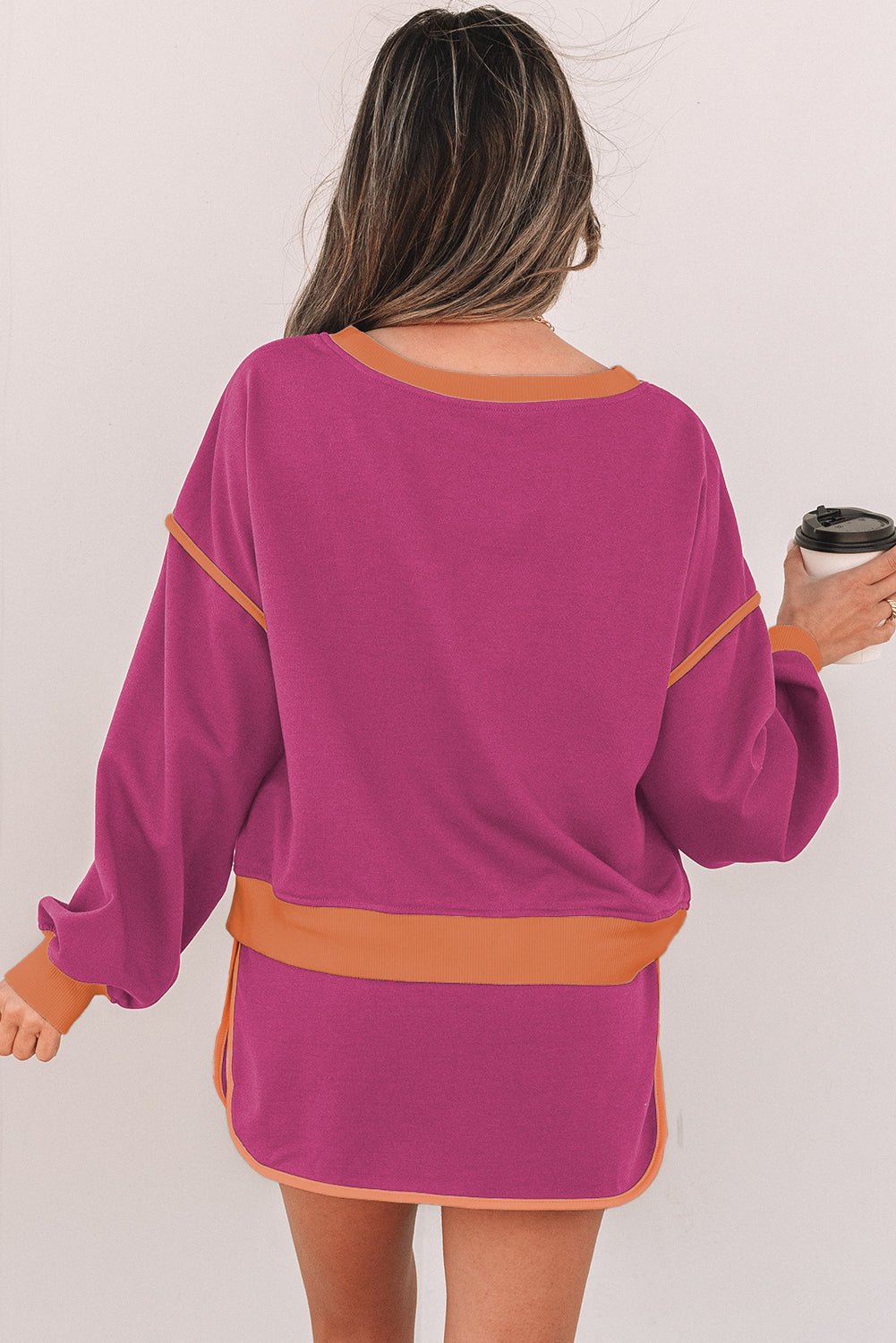 Evergreen Color Contrast Loose Pullover and Lace - up Waist Skort Set - Essential Retail Store