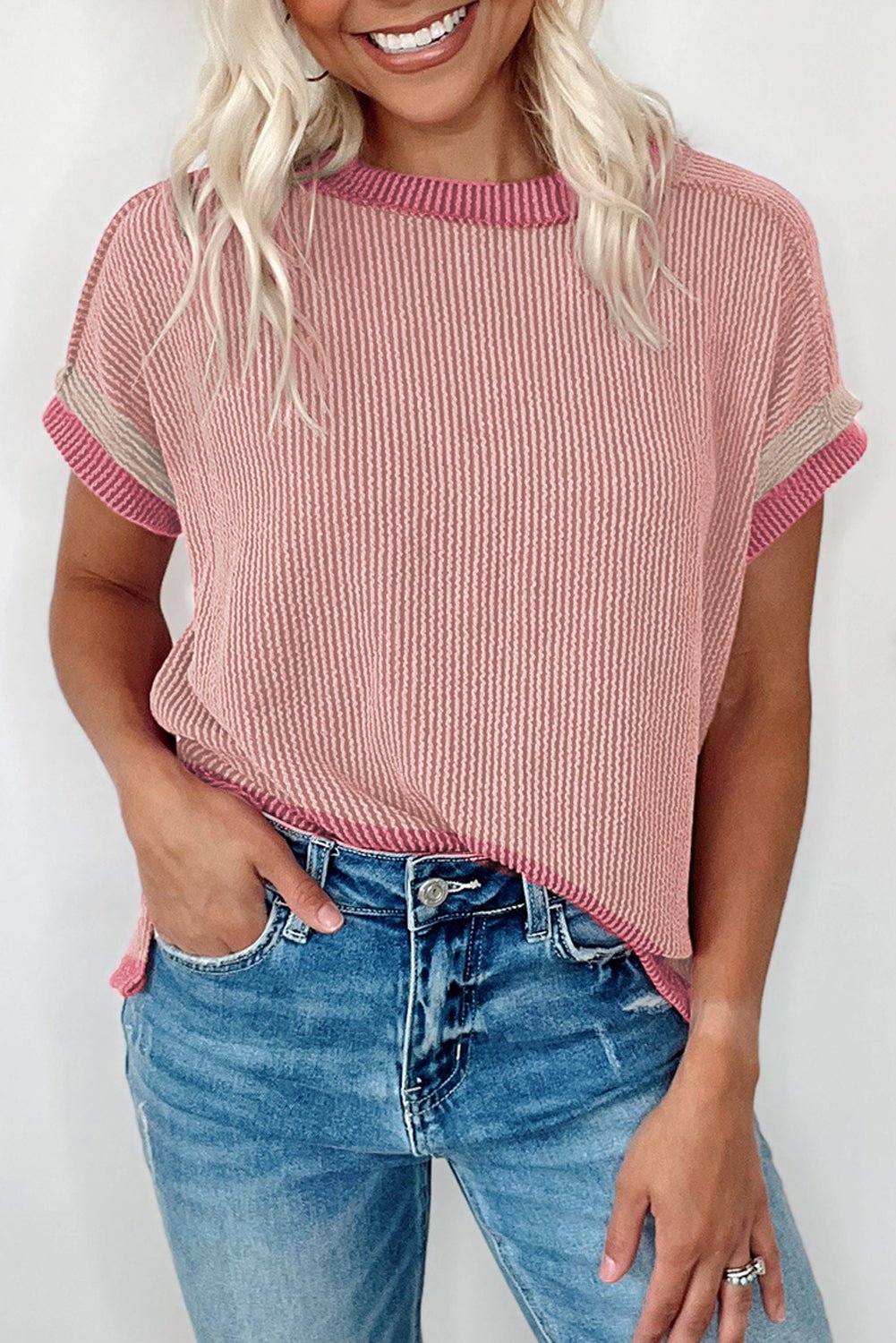 Bright Pink Textured Contrast Trim Round Neck T Shirt - Essential Retail Store