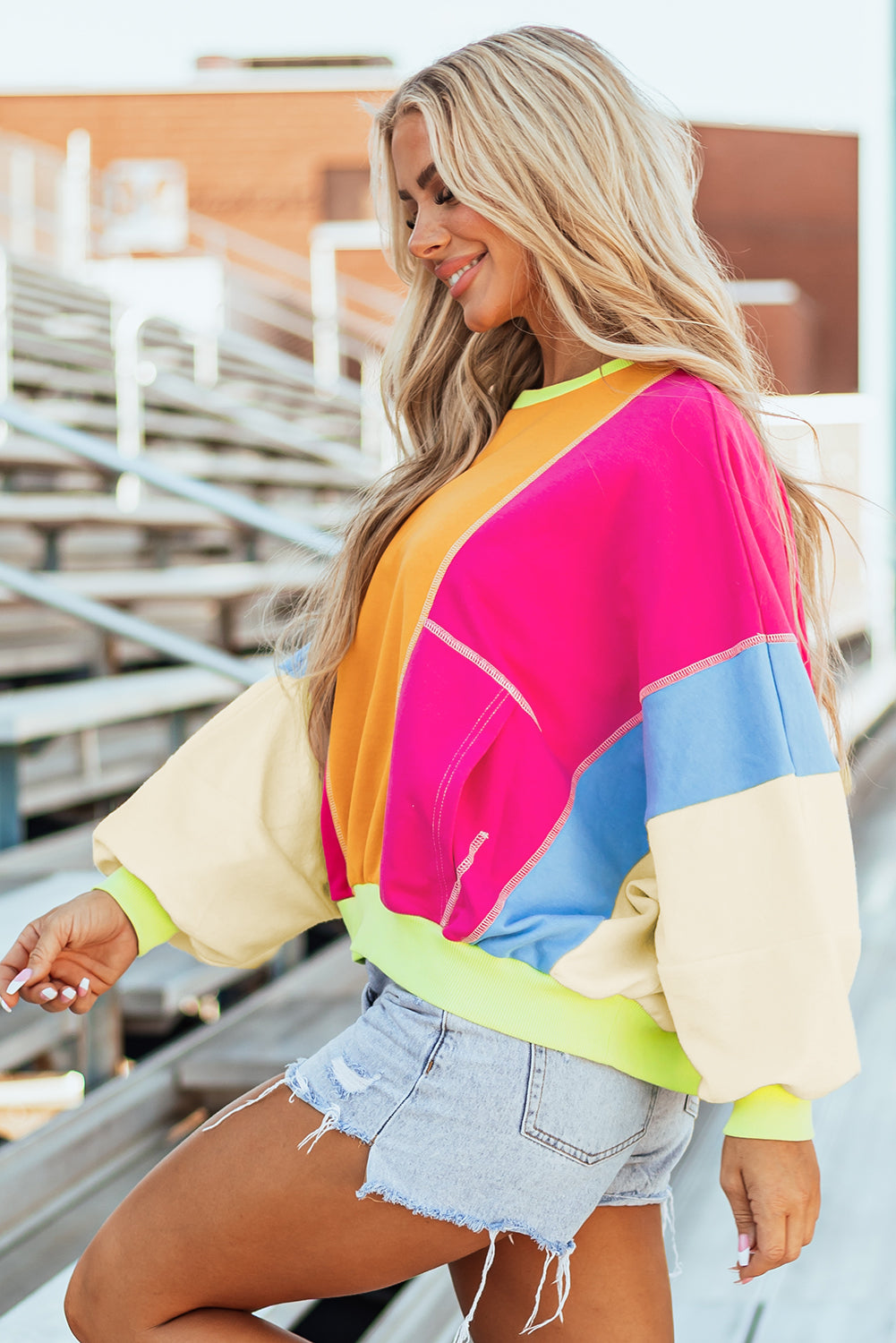 Orchid Petal Colorblock Patchwork Exposed Stitching Oversize Top