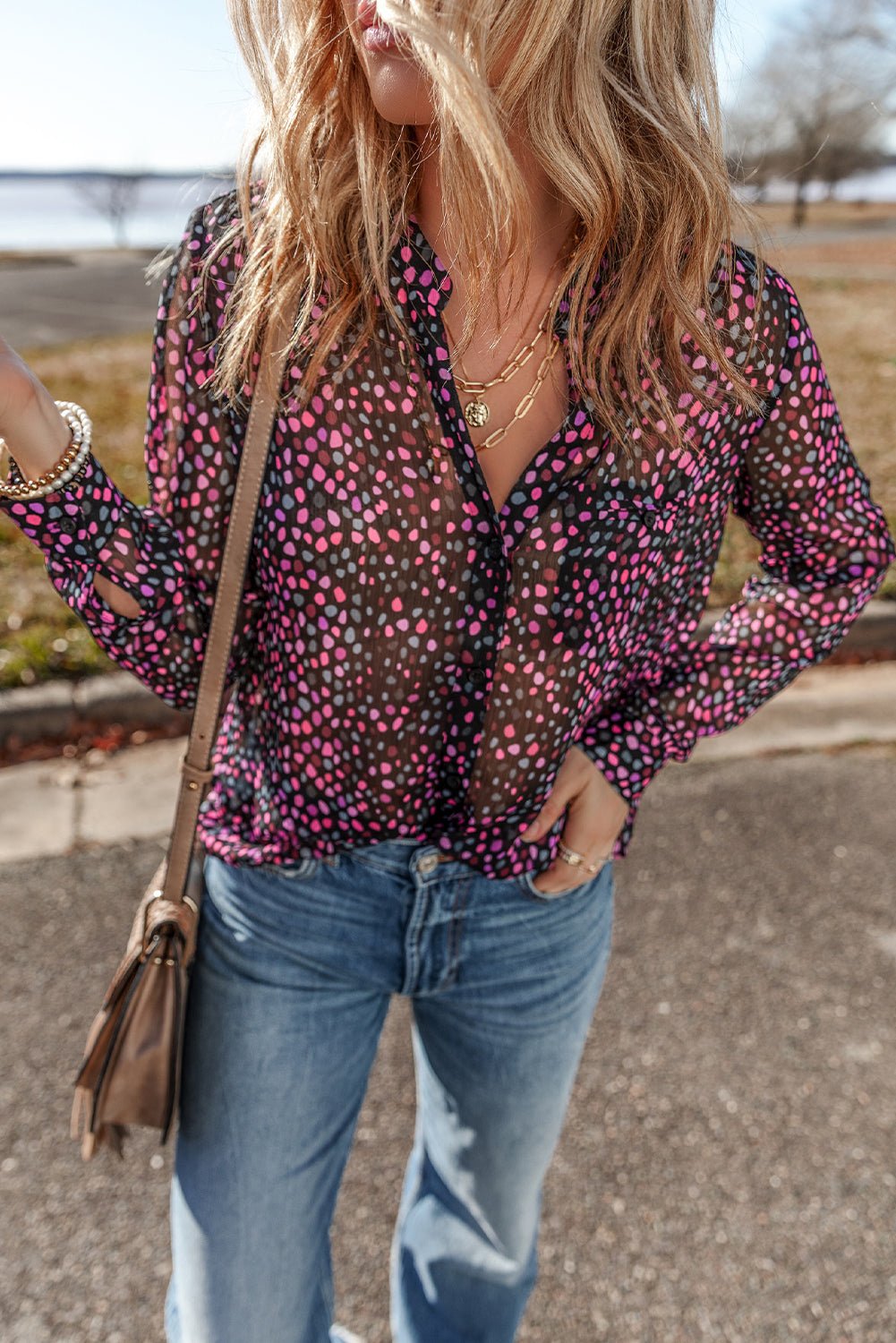 Grape Wine Polka Dot Printed Buttoned Casual Shirt - Essential Retail Store
