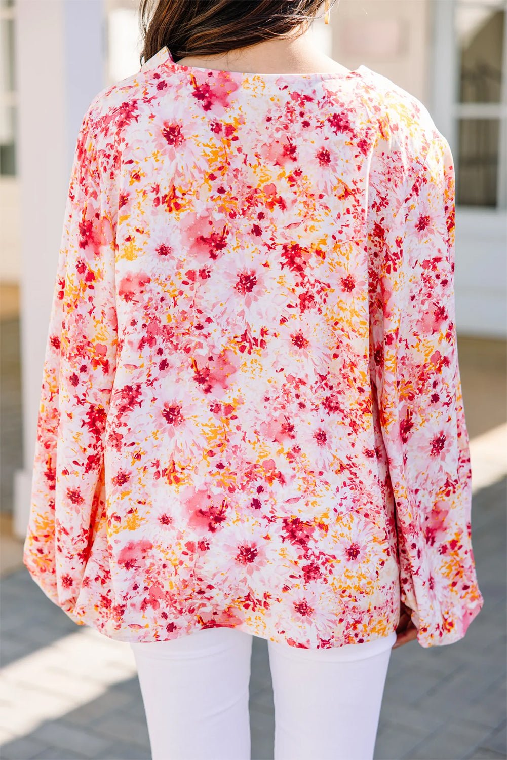 Pink Ditsy Floral Bubble Sleeve V Neck Blouse - Essential Retail Store