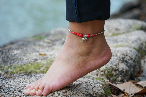 Red Elephant Pendant Boho Silver Anklet