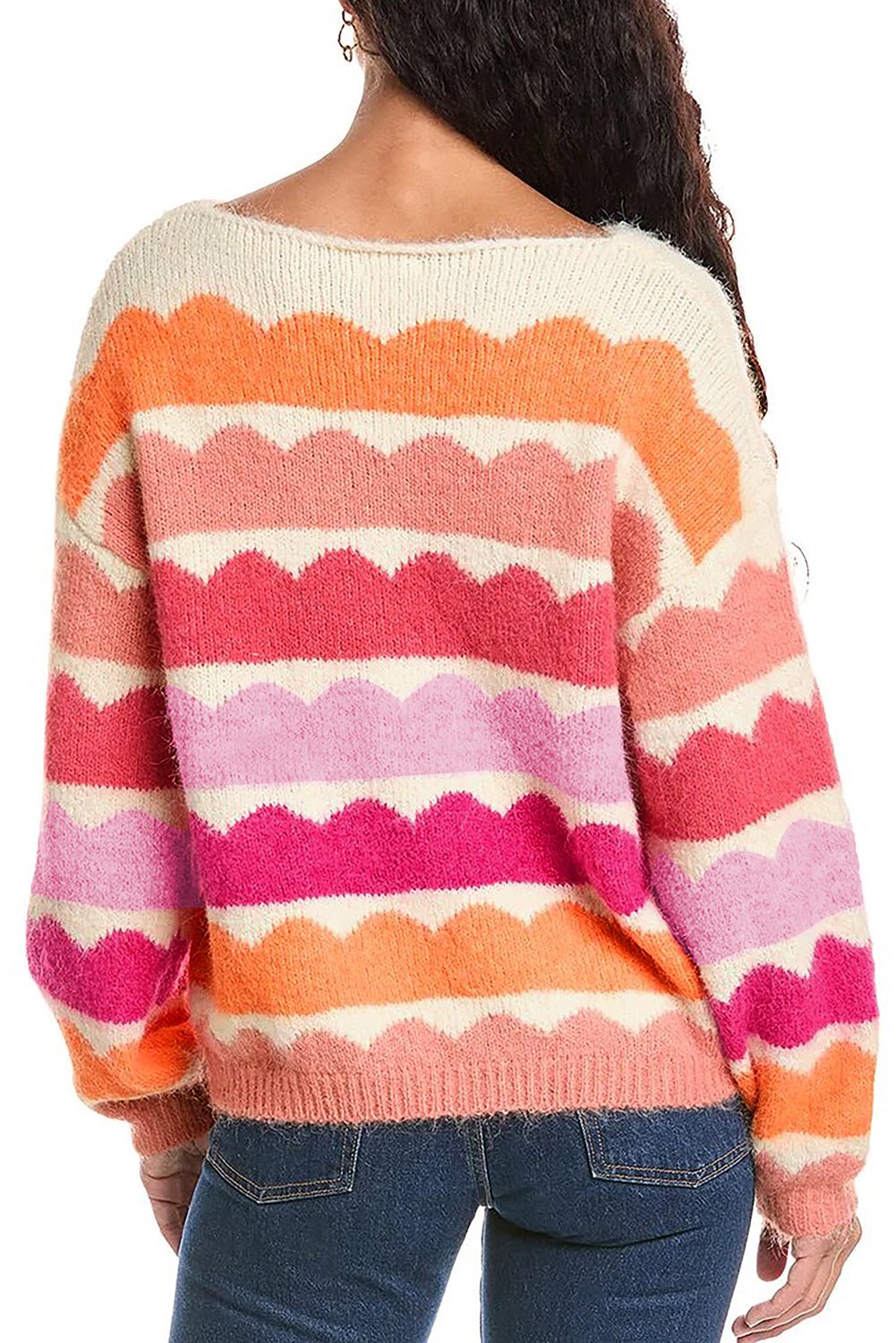 Rose Red Wave Striped Balloon Sleeve Drop Shoulder Sweater - Essential Retail Store