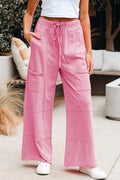 Bonbon Mineral Wash Exposed Seam Drawstring Elastic Waistband Wide Leg Cargo Pants - Essential Retail Store