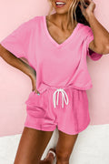 Mint Green V Neck Drop Shoulder Tee and Patchwork Drawstring Elastic Waistband Shorts Set - Essential Retail Store