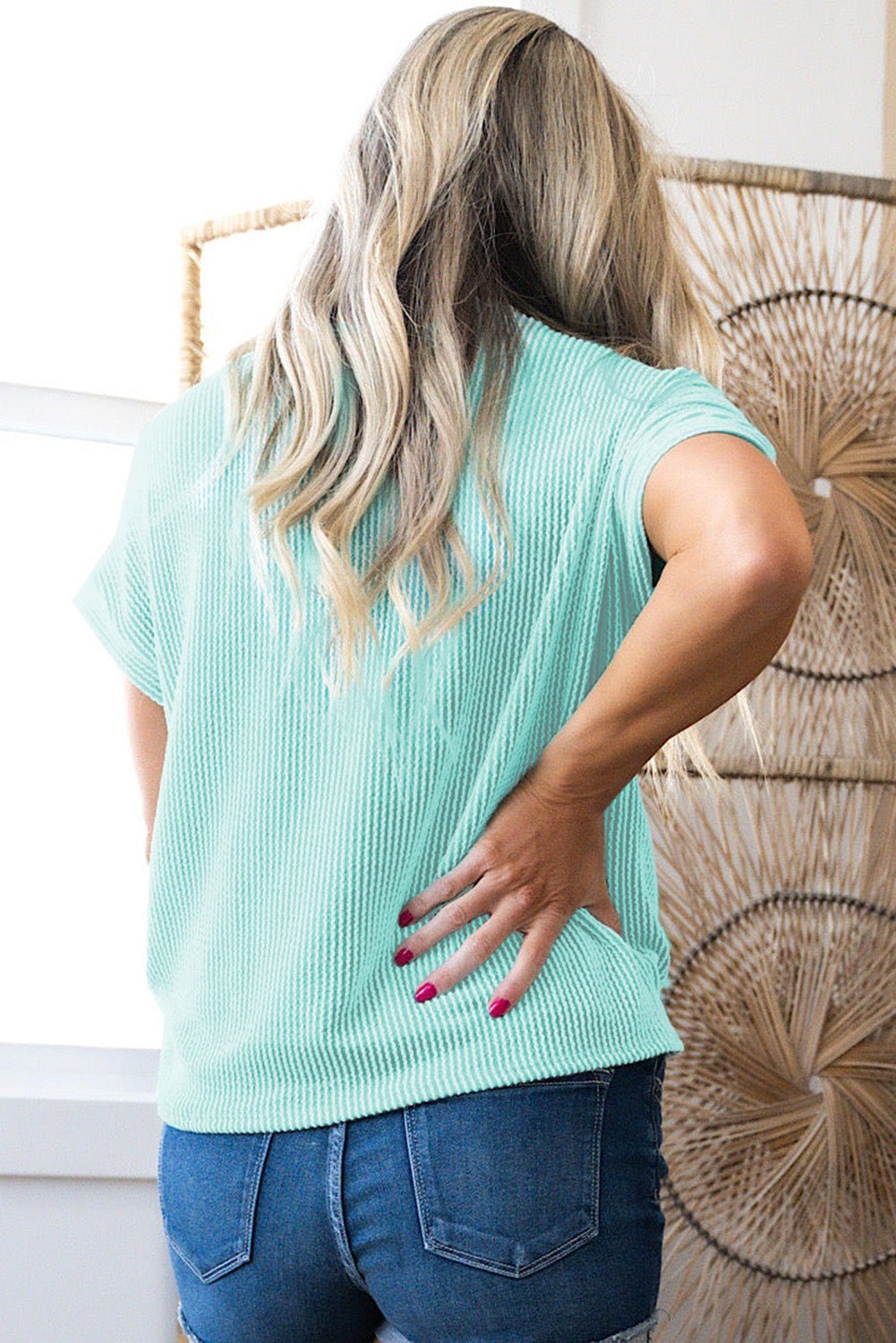 Light Blue Corded Knit Color Block Pocketed Crew Neck T Shirt - Essential Retail Store