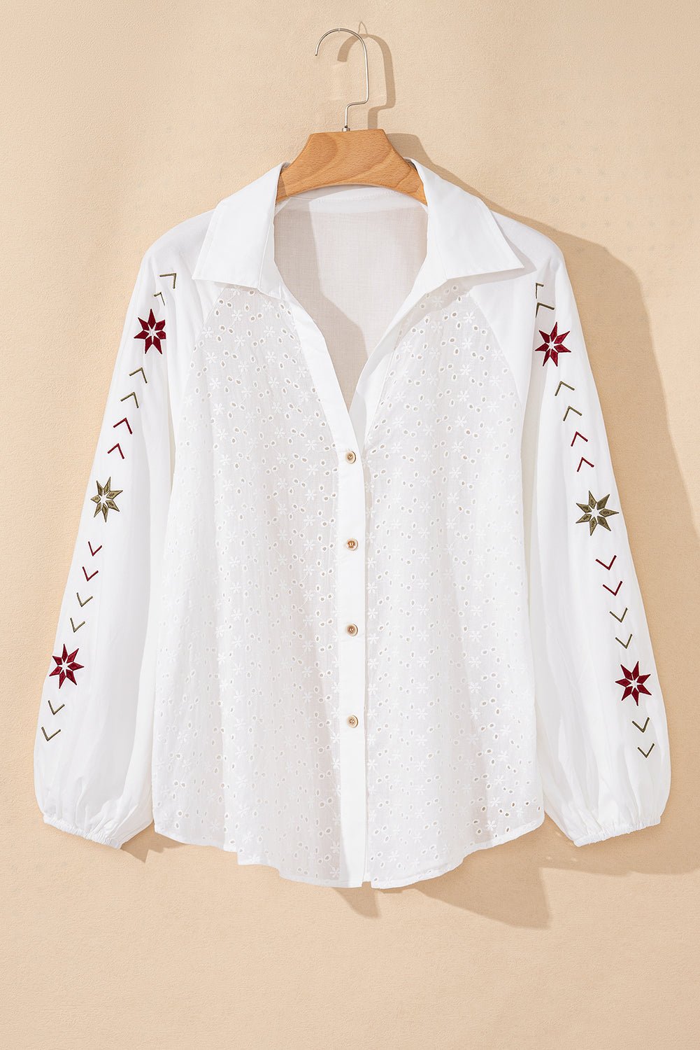 White Floral Embroidered Puff Sleeve Eyelet Patchwork Shirt - Essential Retail Store