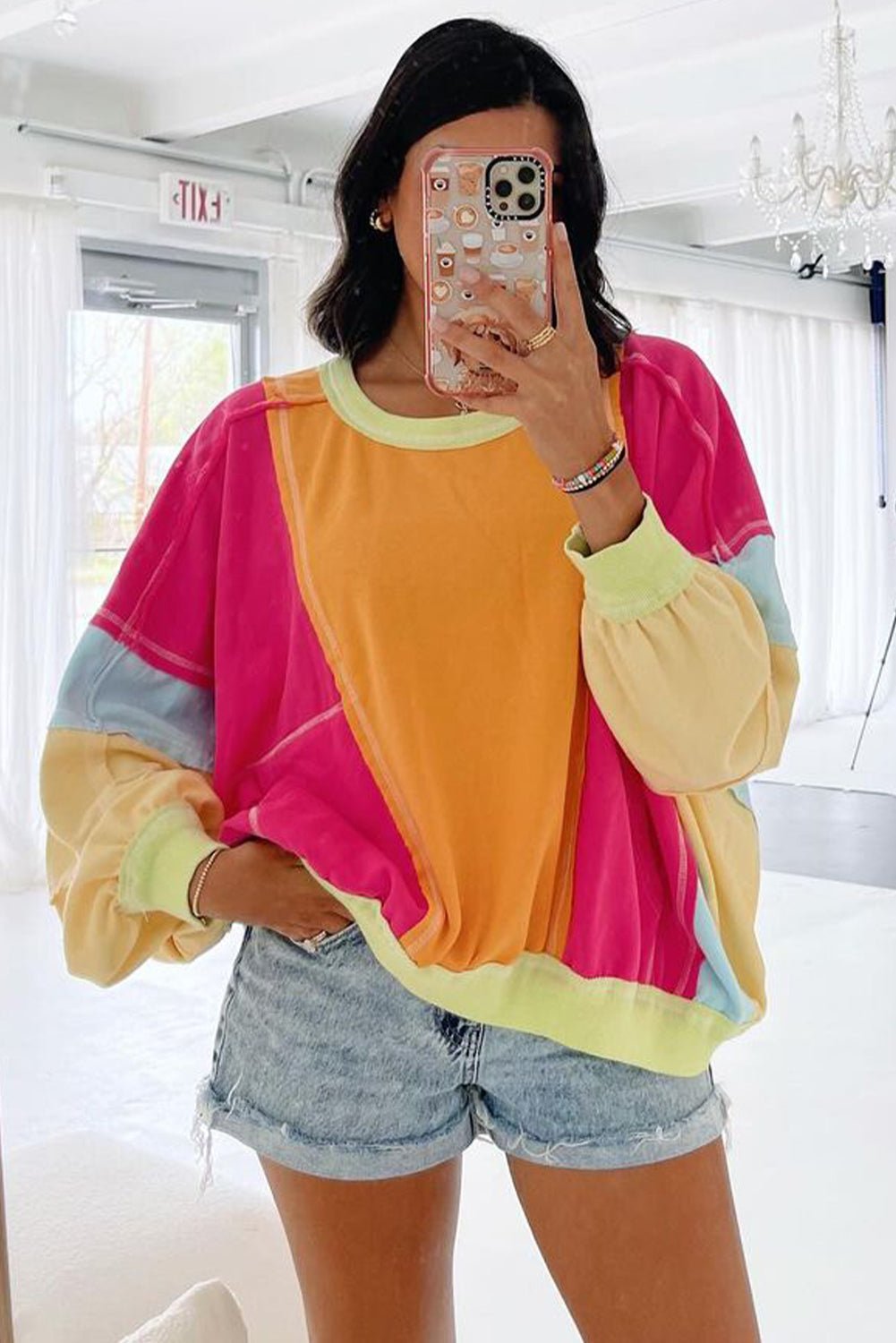 Rose Red Plus Size Colorblock Patchwork Exposed Seam Sweatshirt - Essential Retail Store