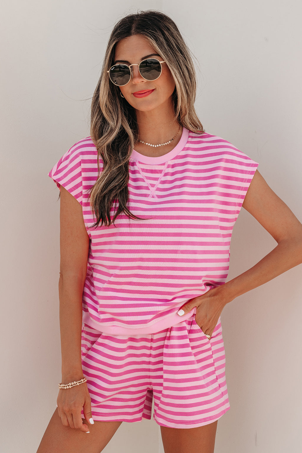 Pink Stripe Cap Sleeve Tee Elastic Waist Shorts 2pcs Outfit - Essential Retail Store
